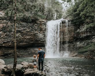 A large waterfall cascades down rocks at Cloudland Canyon