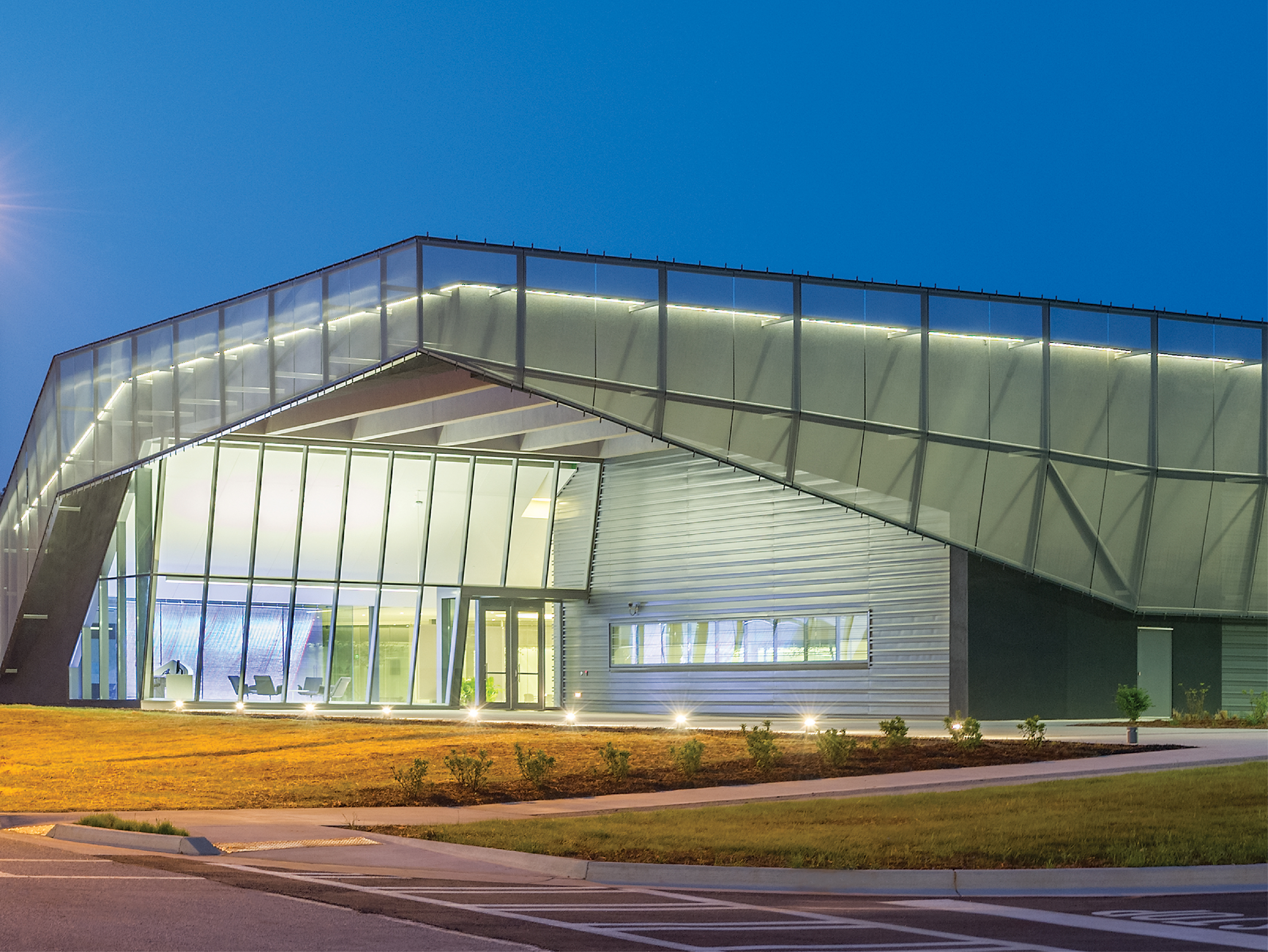 Exterior of a glowing r&d innovation building