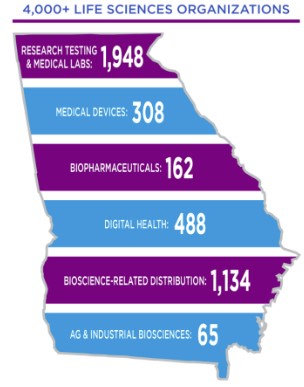 A representation of the state of Georgia is colored with purple, white and blue stripes to show the breakdown of different life sciences organizations.