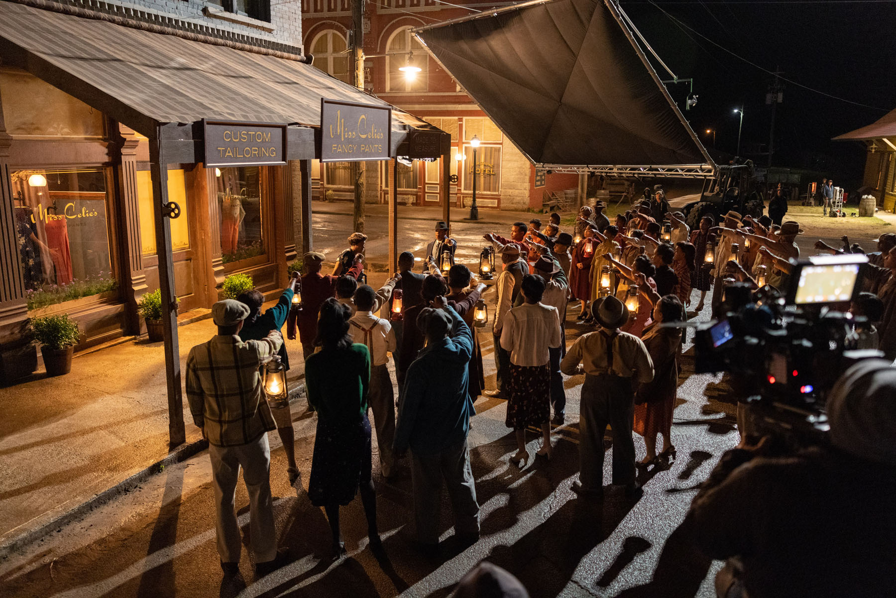 A film crew shoots on a street in Georgia