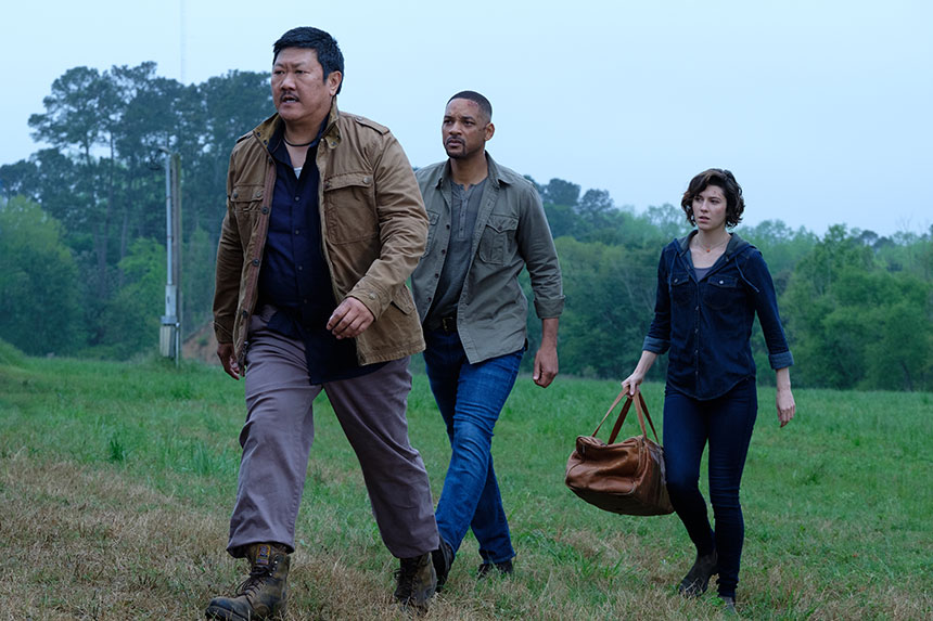 Benedict Wong, Will Smith, and Mary Elizabeth Winstead on set of the movie "Gemini Man"