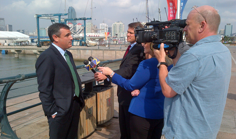 Governor Deal speaking with reporters in Asia