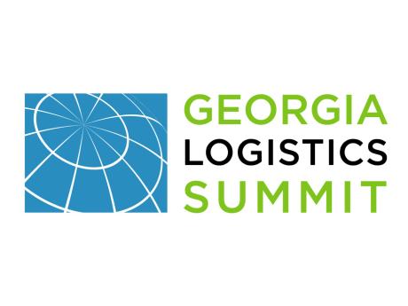 Georgia Logistics Summit A light-blue box features the outline of a sphere with white latitude and longitude lines sits next to the words "Georgia Logistics Summit." Georgia Logistics Summit