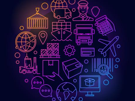 Logistics Resources A colorful sphere of blue, purple and orange icons related to Georgia's industries are set of a dark-purple background.