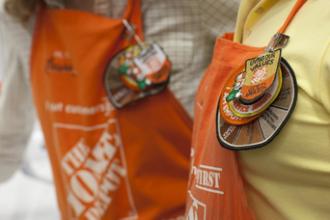 Close up of Home Depot workers' aprons