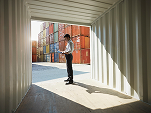 Man in Container next to other containers at a port